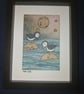 Quirky art, original art, paper art. Coastal picture of two puffins under moon - Image 3