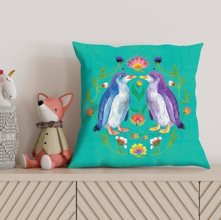 Penguin Faux Suede Cushion – Turquoise