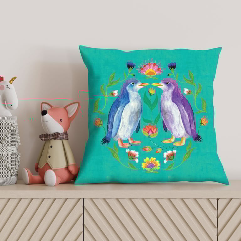 Penguin Faux Suede Cushion – Turquoise