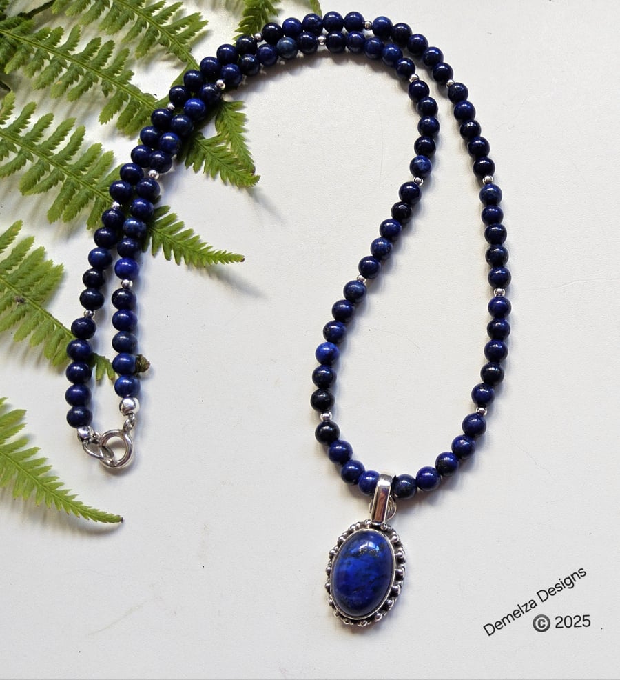 Designer Lapis Lazuli Sterling Silver Pendant Necklace 