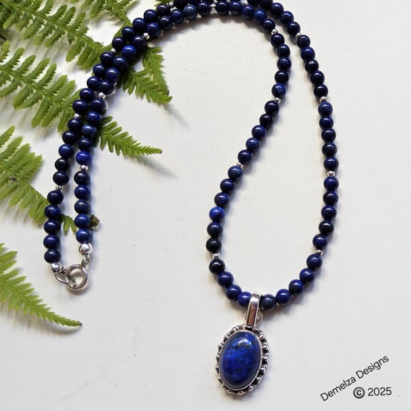 Designer Lapis Lazuli Sterling Silver Pendant Necklace 