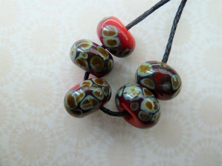 handmade lampwork glass beads, red raku frit set