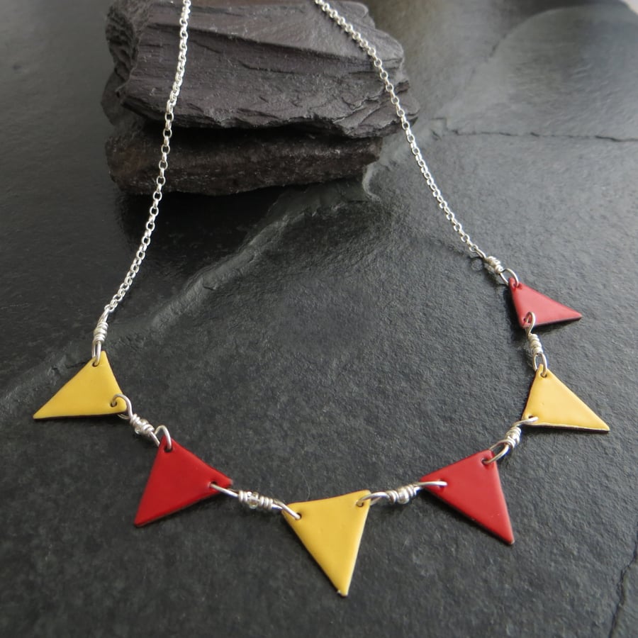 Red and Yellow Bunting Flag Necklace, Sterling Silver and Copper, Geometric