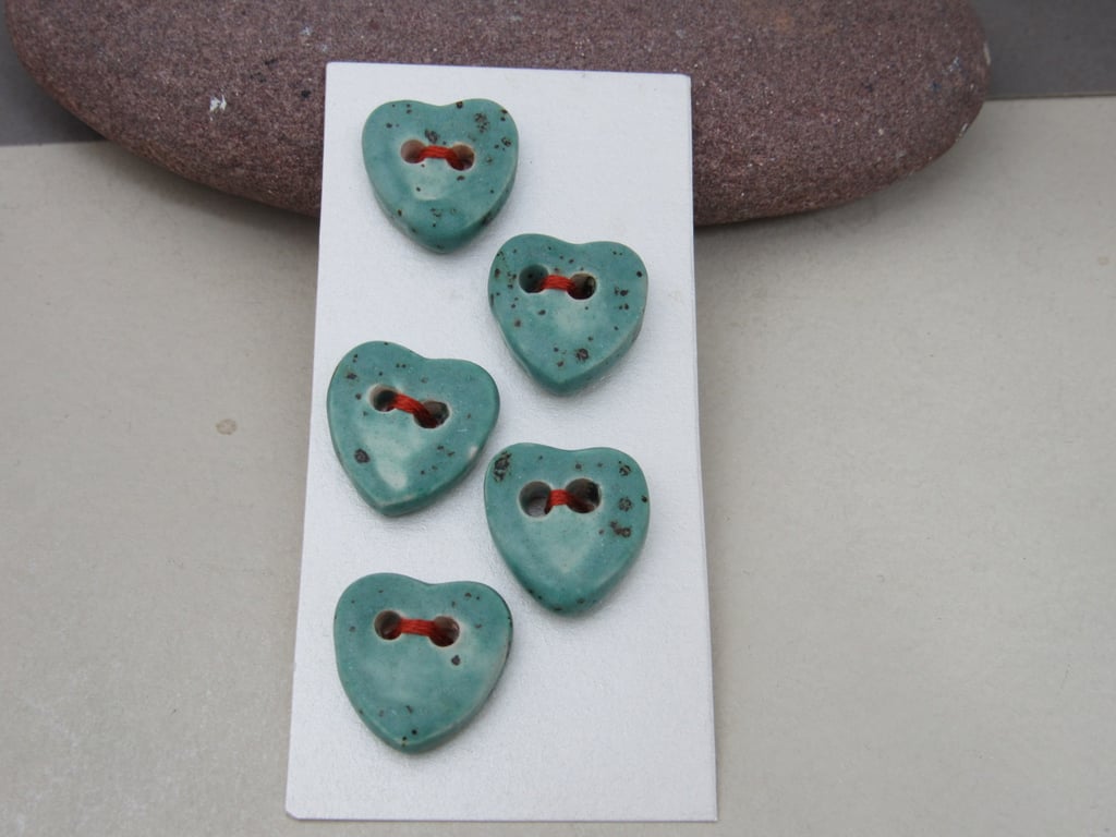 5 Small Heart Shaped Eggshell Blue Ceramic Buttons