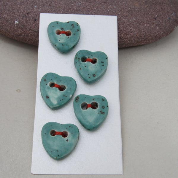 5 Small Heart Shaped Eggshell Blue Ceramic Buttons