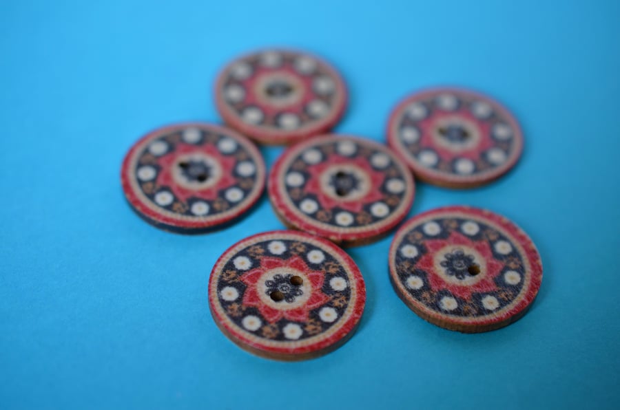 Wooden Mandala Patterned Buttons Red Black Natural 6pk 25mm (M18)