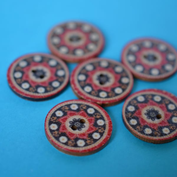 Wooden Mandala Patterned Buttons Red Black Natural 6pk 25mm (M18)