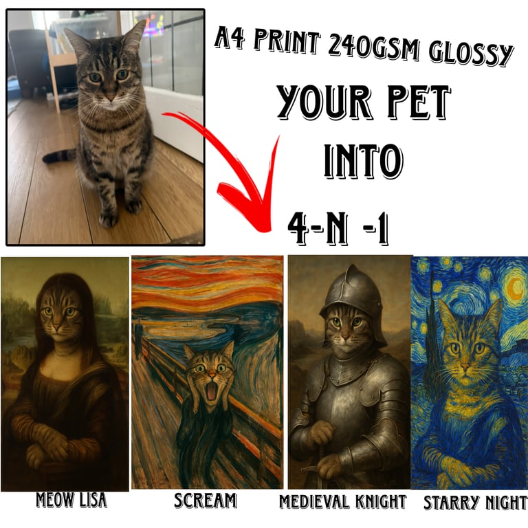 Custom Pet Portrait 4 in 1 –A4 Glossy Print 240gsm