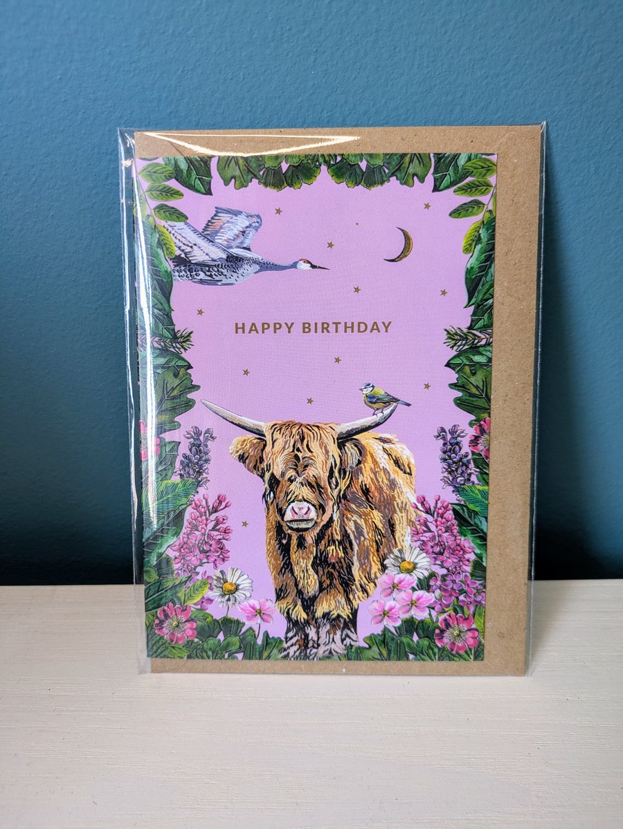 Hairy Highland Cow Birthday Card with Scottish Highland Coo Art