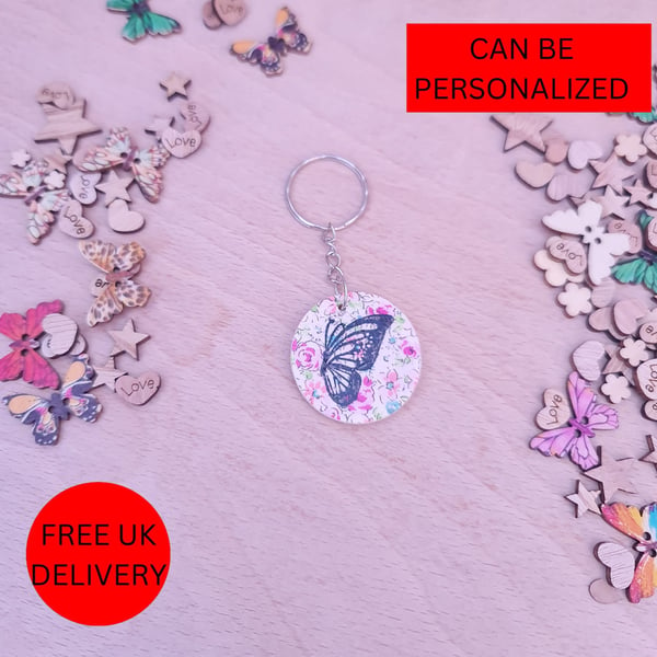 Handmade Flower Butterfly Wooden Decoupaged Round Keyring - FREE UK DELIVERY
