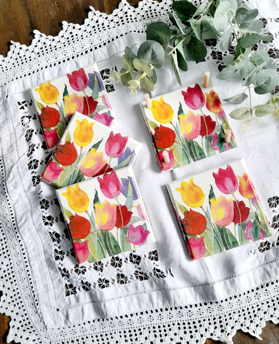 Spring Tulip Decoupaged Coasters