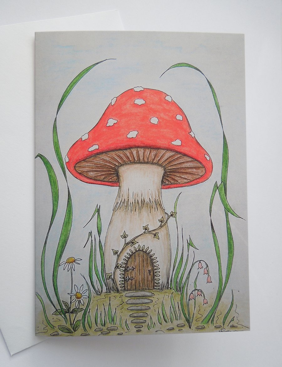 Toadstool House art greeting card with envelope
