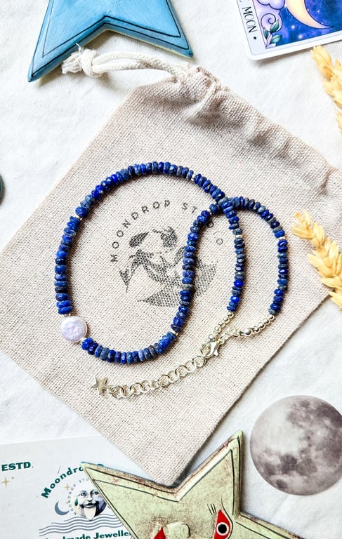 Lapis Lazuli Gemstone Necklace - Freshwater Pearl Necklace, Gemstone Choker