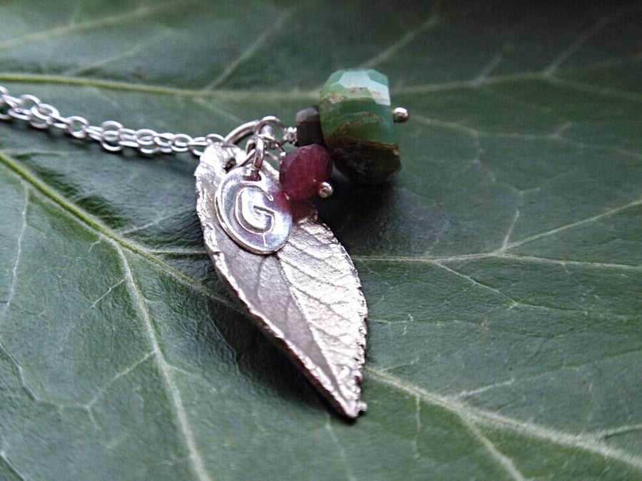 Sterling silver leaf necklace with green opal and tourmaline, spring necklace