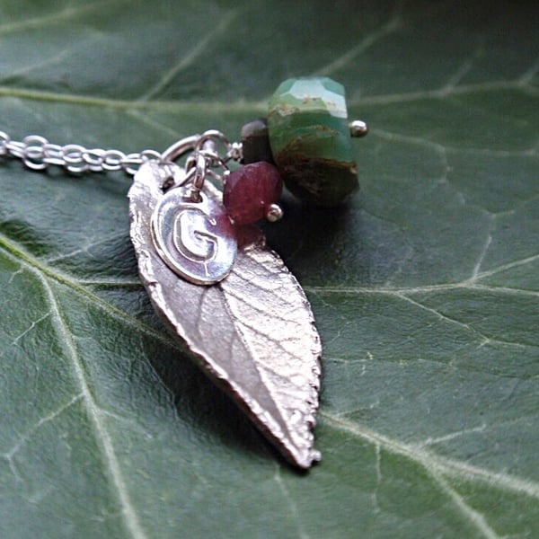 Sterling silver leaf necklace with green opal and tourmaline, spring necklace