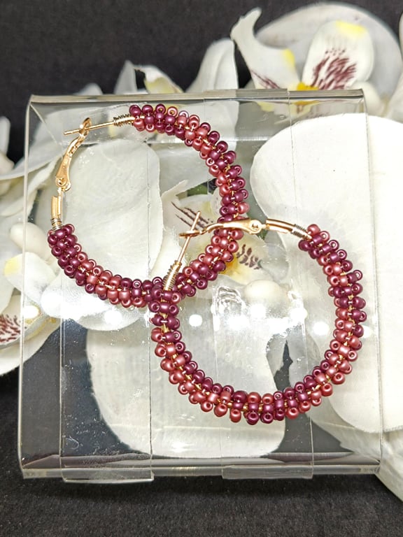 Pink Beaded Hoop Earrings - 4cm Gold Tone Stainless Steel Hoops