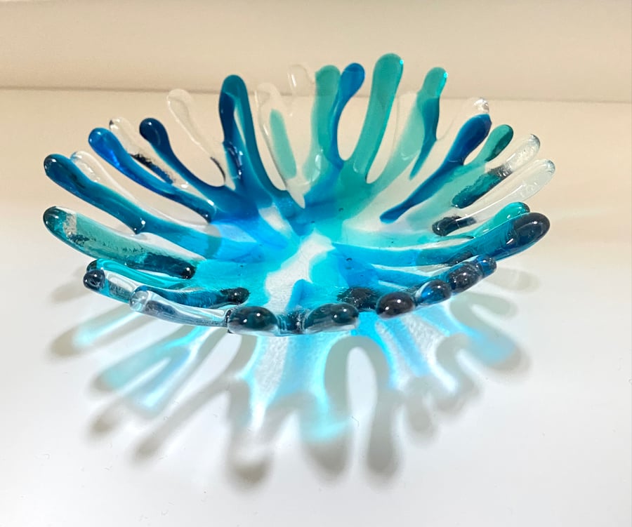 Small fused glass splash dish in shades of blue 