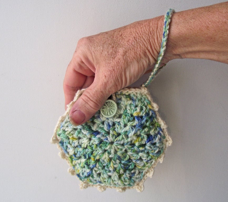 Wrist Purse, Bag, Pouch, Crocheted, Variegated Hand Dyed Green and Cream Merino
