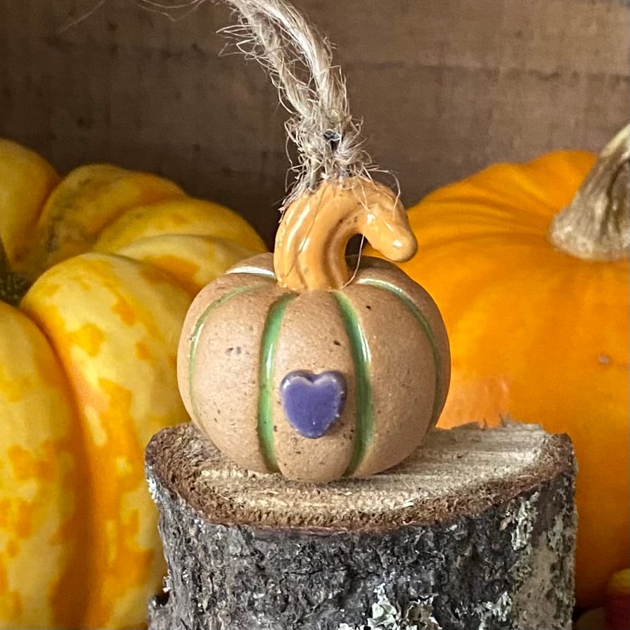Tiny hanging ceramic pumpkin decoration purple heart