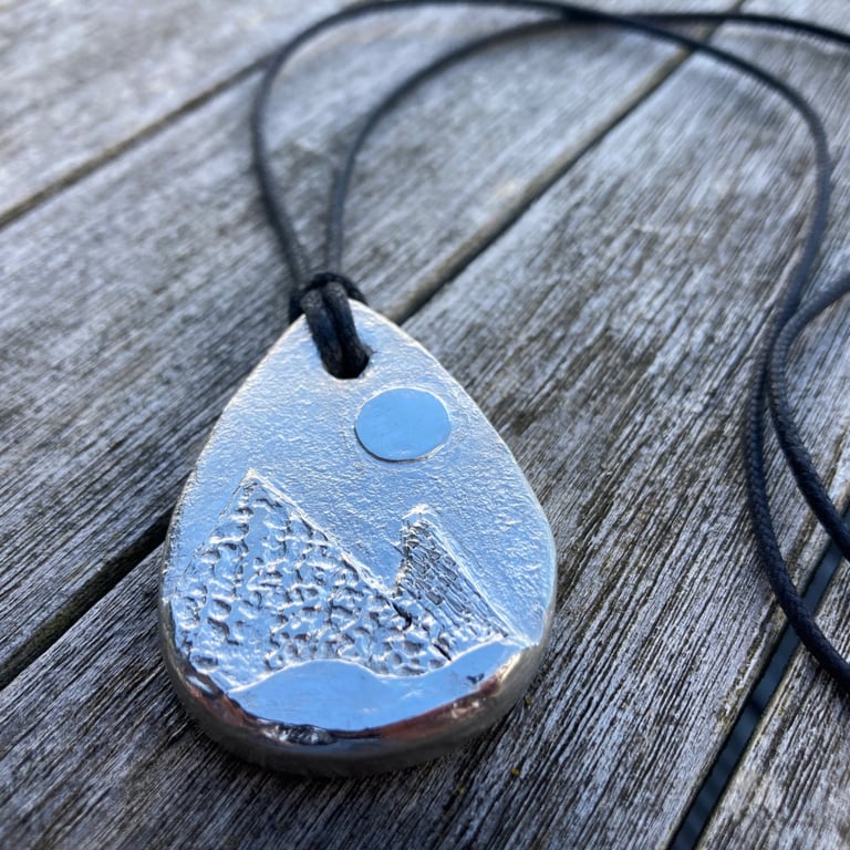 Handmade Silver Pendant with Moonlit Mountain landscape on black cord