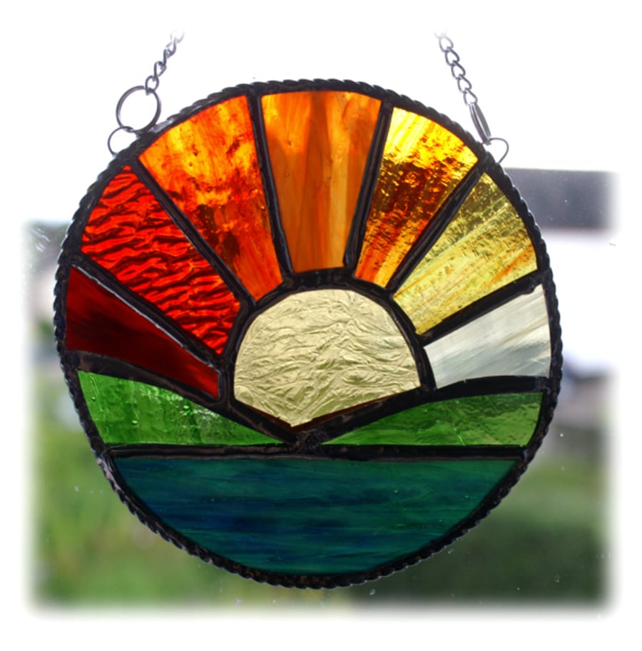 SOLD Sunrise Picture Stained Glass Suncatcher Handmade Sun Ring 014