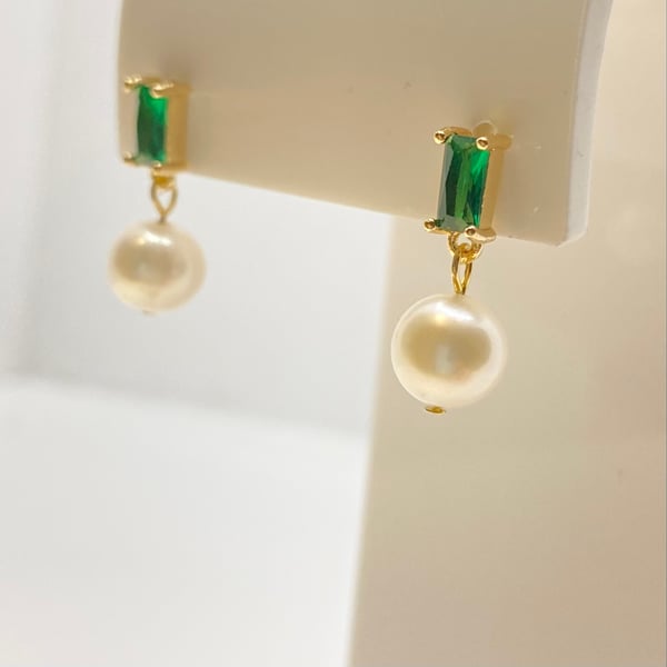 Freshwater Pearl with Green Zircon Gold Plated Earrings