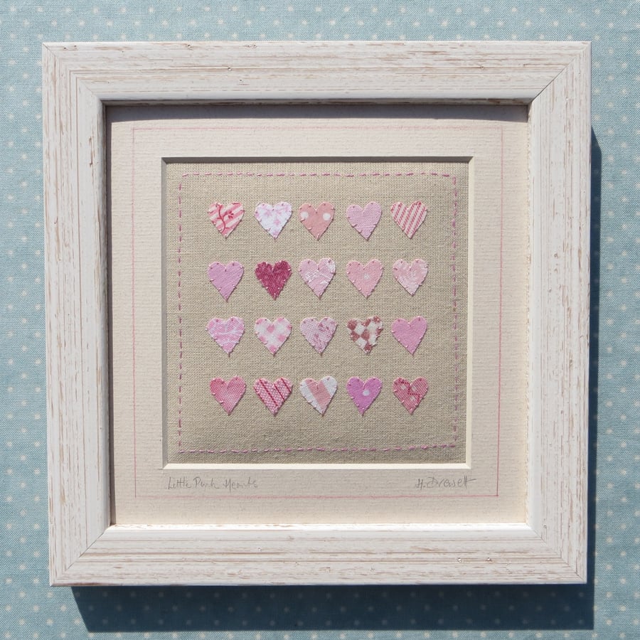 Little Pink Hearts framed hand-stitched textile New Baby, Christening, nursery 