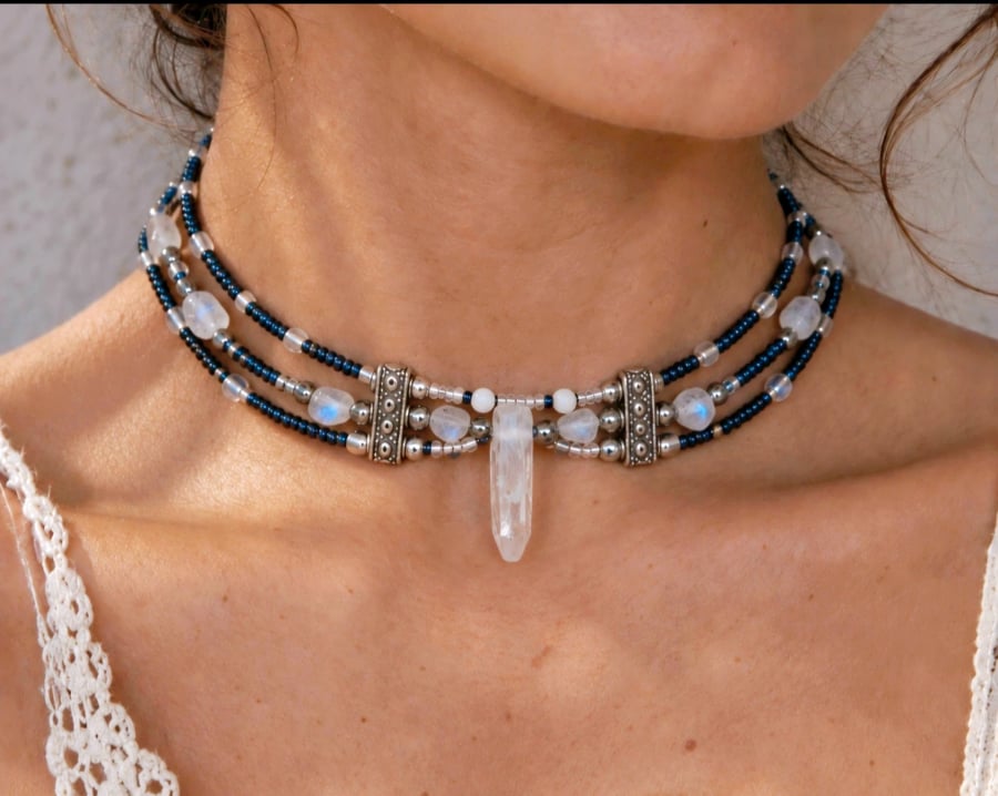 Image of Labradorite and Quartz, Navy seed beads Layered Choker Night Spell