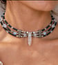 Labradorite and Quartz, Navy seed beads Layered Choker Night Spell