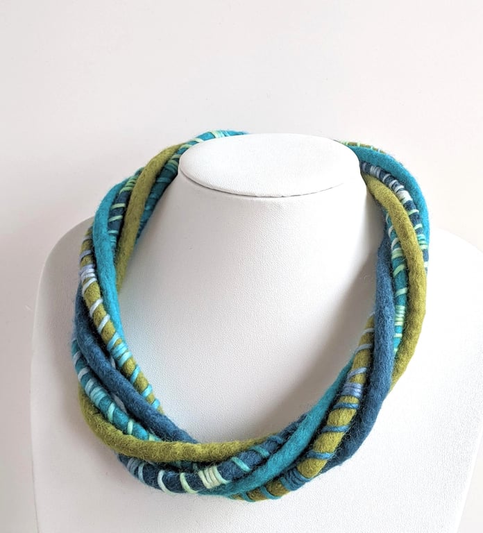 The Wrapped Twist: felted cord necklace - sea greens