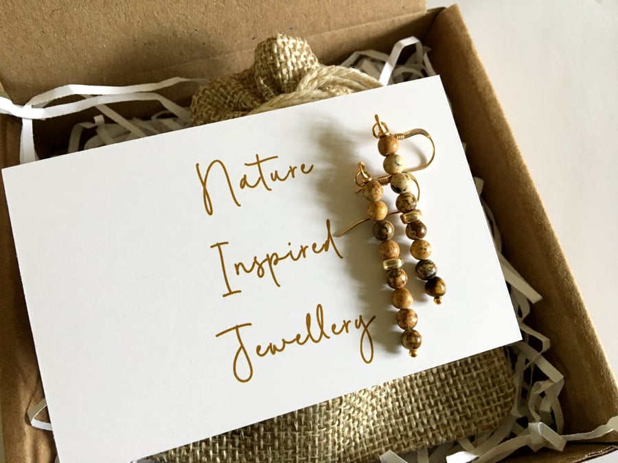 Picture Jasper Stone Bead Dangly Earrings. Choice: Gold Filled, Sterling Silver