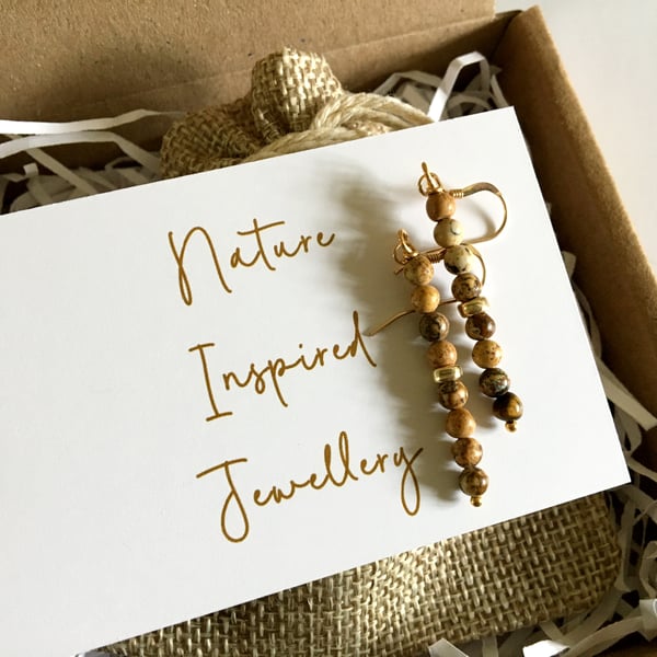 Picture Jasper Stone Bead Dangly Earrings. Choice: Gold Filled, Sterling Silver