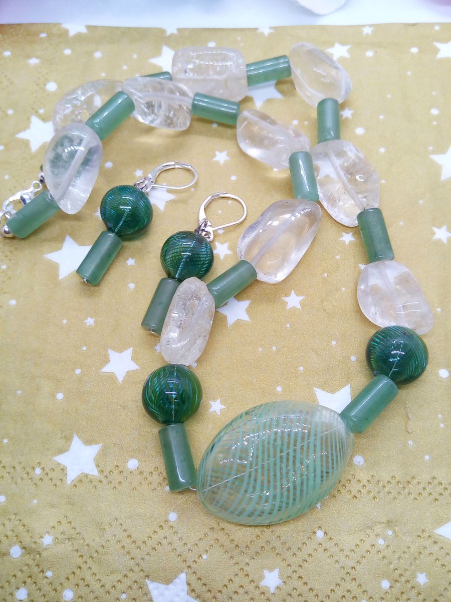 Green Glass  Bead and Quartz Nugget Jewellery Set with Green Puffed Glass Centre
