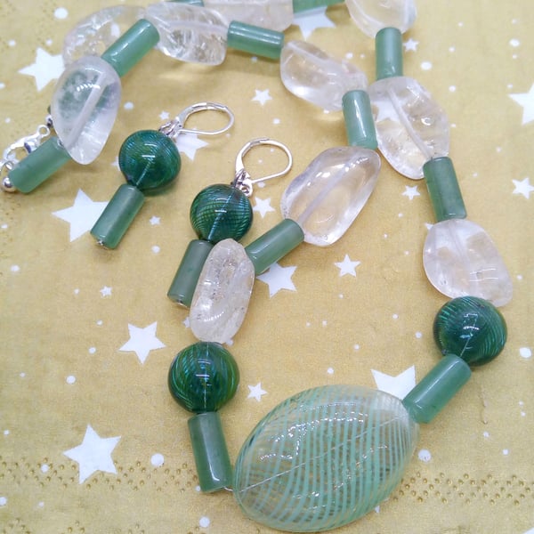 Green Glass  Bead and Quartz Nugget Jewellery Set with Green Puffed Glass Centre