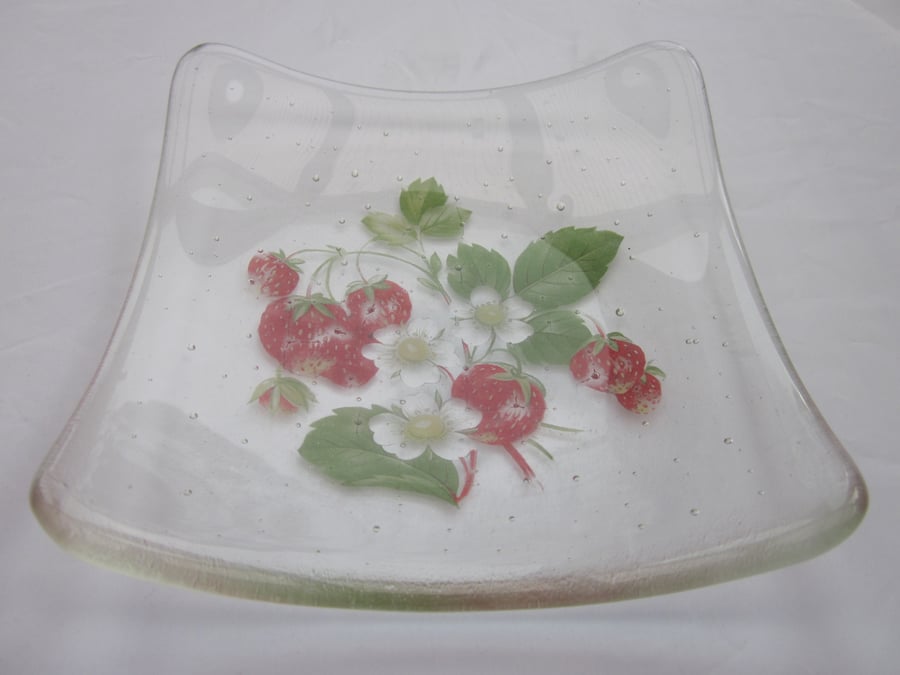 Handmade fused glass candy bowl - strawberries
