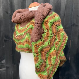 Brown and Bold Green Handknitted Crescent Lace Shawl 