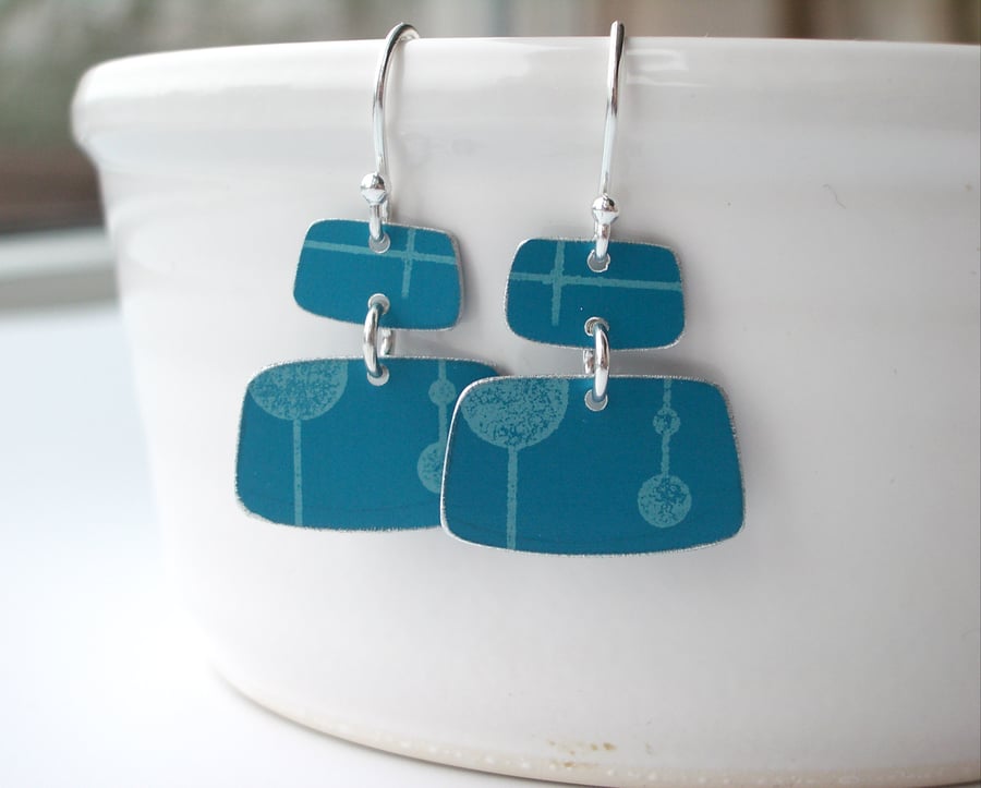 Mid century style rectangle earrings in teal