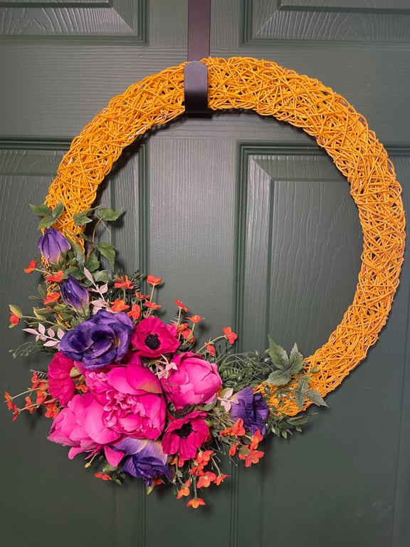 41cm Vibrant Wicker Door Wreath with Hot Pink Peonies and Purple Lisianthus