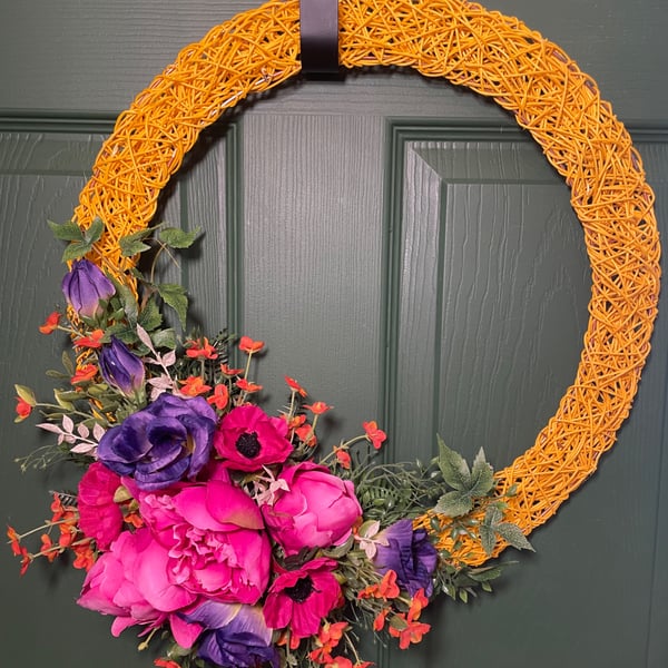 41cm Vibrant Wicker Door Wreath with Hot Pink Peonies and Purple Lisianthus