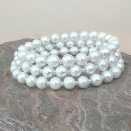 White Faux Pearl and Seed Bead Memory Wire Bracelet, B31