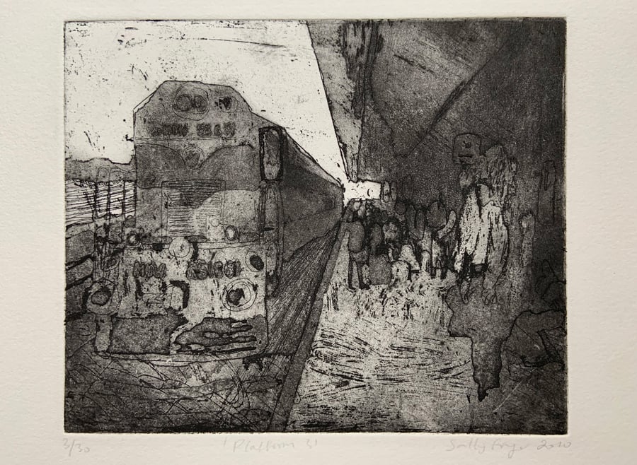 ‘Platform 3' Indian railway station, etching and aquatint