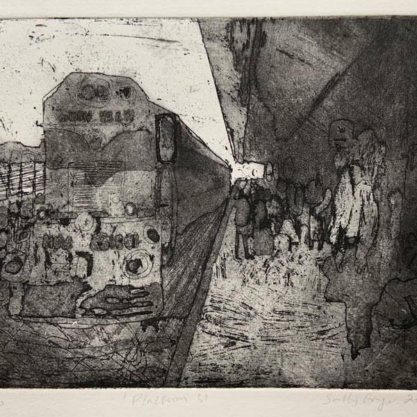 ‘Platform 3' Indian railway station, etching and aquatint