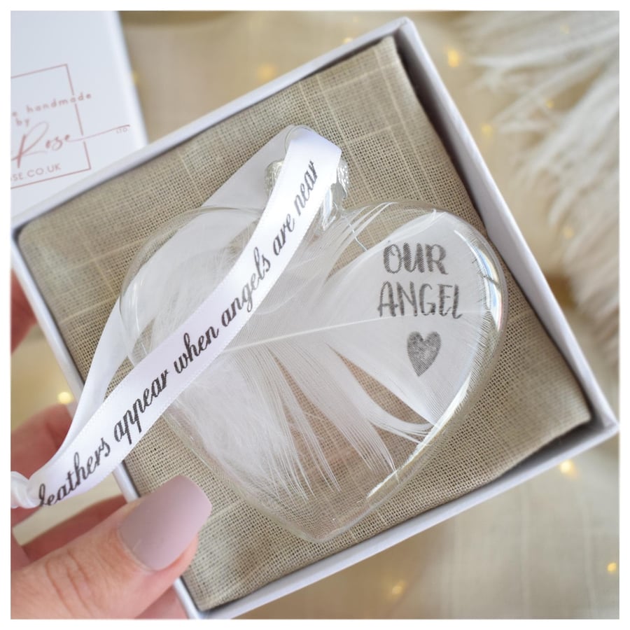 Image of Our Angel Memorial Feather Bauble, Heart Glass Christmas Ornament, Remembrance K