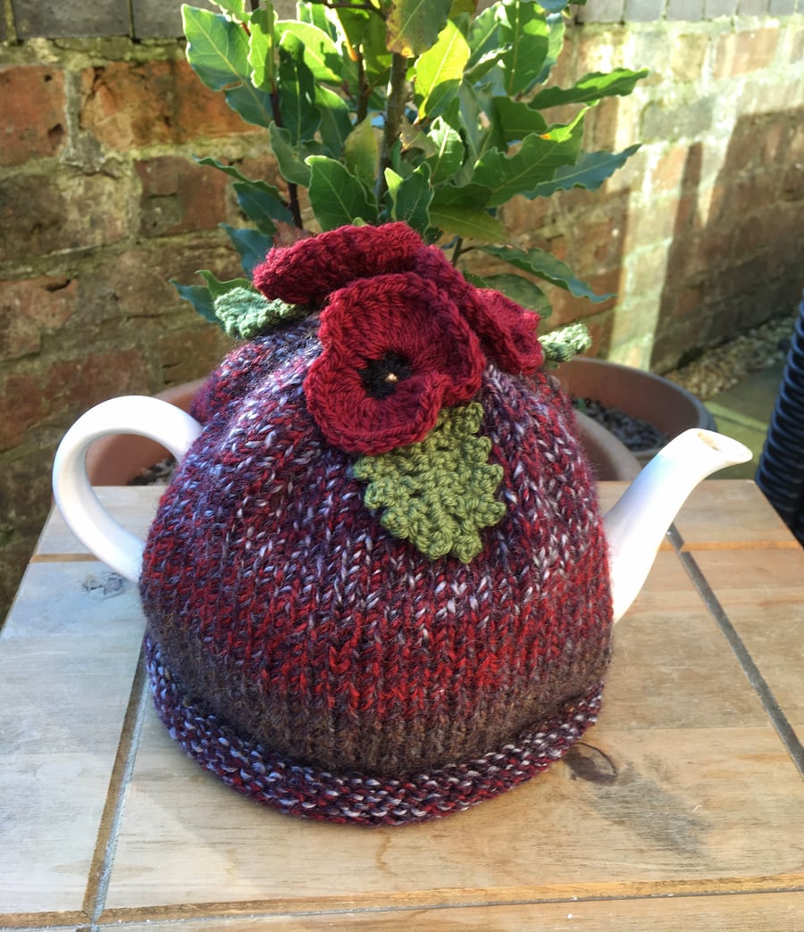 Knitted Red Pansy Tea Cosy, Crochet Dark Red Pansies