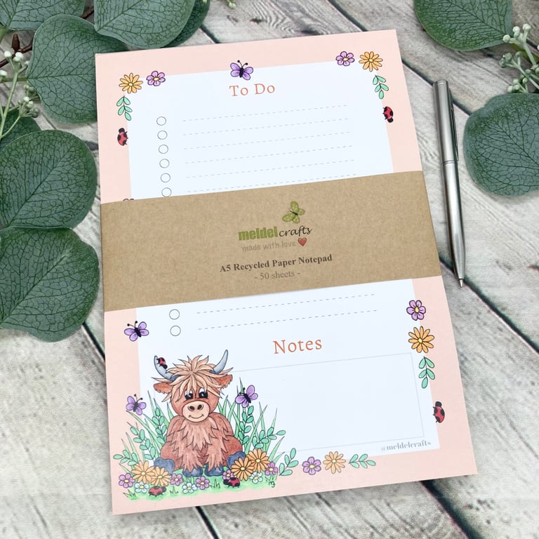 Notepad - A5 Recycled Paper To Do List Notepad - Baby Highland Cow