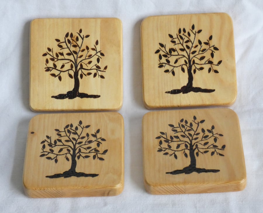 Unique Set of 4 Rustic Wooden Tree of Life Coasters