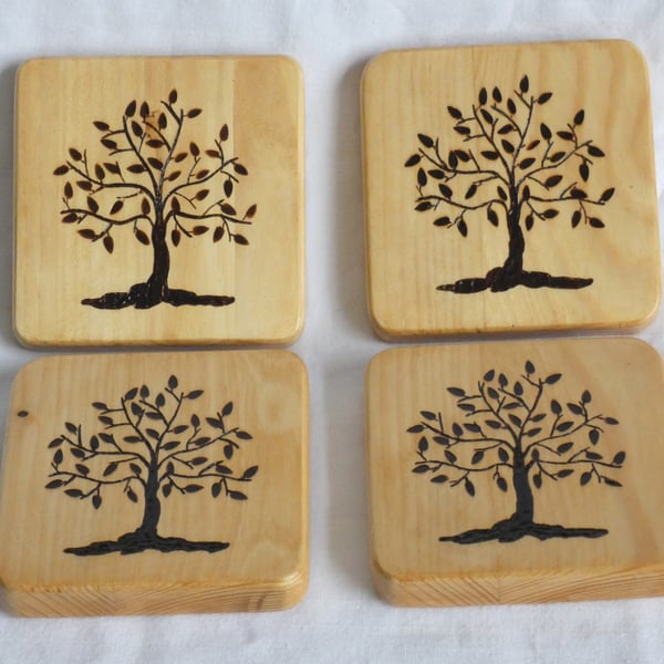 Unique Set of 4 Rustic Wooden Tree of Life Coasters