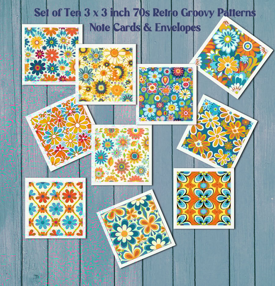 10 Retro Groovy Floral 3x3 Inch Blank Mini Note Cards, Stationery, Gift Tags 