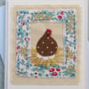 Little Speckled Hen, hand-stitched card pretty fabric border embroidered details