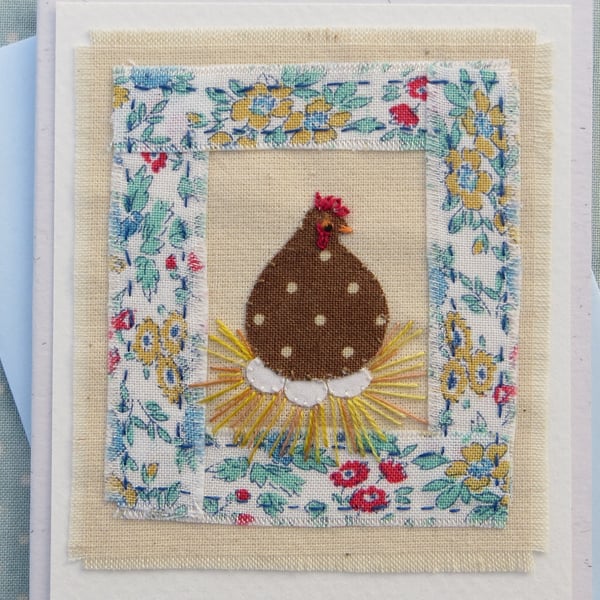 Little Speckled Hen, hand-stitched card pretty fabric border embroidered details